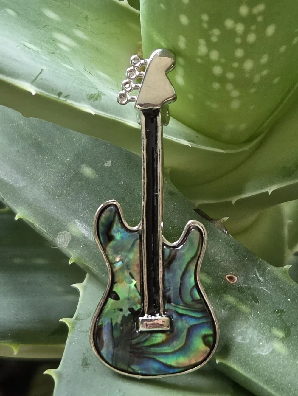 Abalone And Silver Tone Guitar Brooch